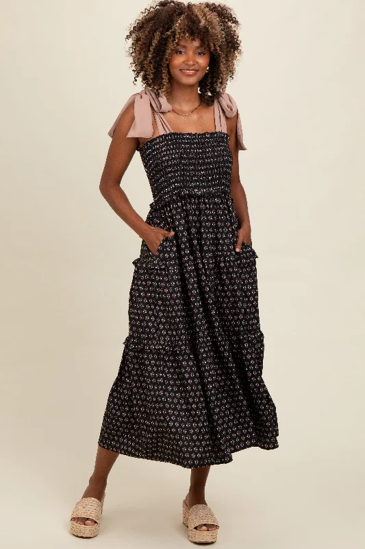 Black Floral Print Contrast Shoulder Tie Tiered Midi Dress Fashionable Wide Leg Midi Dress Black Floral Print Contrast Shoulder Tie Tiered Midi Dress Fashionable Wide Leg Midi Dress