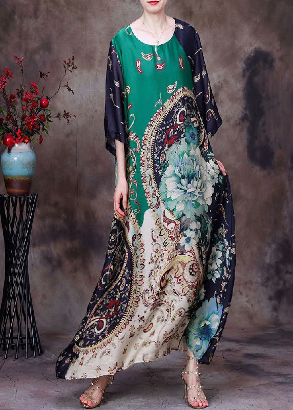 Boutique Green O-Neck Original Design Print Draping Silk Maxi Dress Half Sleeve Cozy Maxi Dress with Slit Boutique Green O-Neck Original Design Print Draping Silk Maxi Dress Half Sleeve Cozy Maxi Dress with Slit