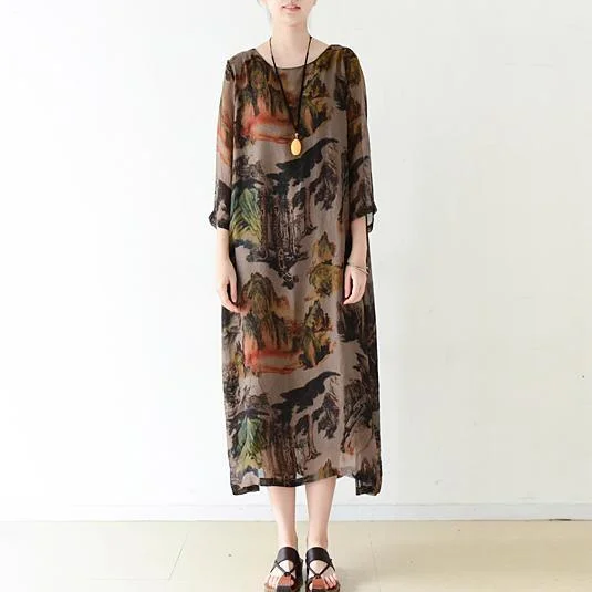 Brown flowy print chiffon dresses maxi dress long sleeve cotton lining Fashionable High-Waist Maxi Dress Brown flowy print chiffon dresses maxi dress long sleeve cotton lining Fashionable High-Waist Maxi Dress