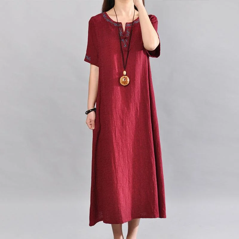 burgundy embroidery linen dresses oversize sundress slim o neck maxi dress Cozy Longline Maxi Dress burgundy embroidery linen dresses oversize sundress slim o neck maxi dress Cozy Longline Maxi Dress