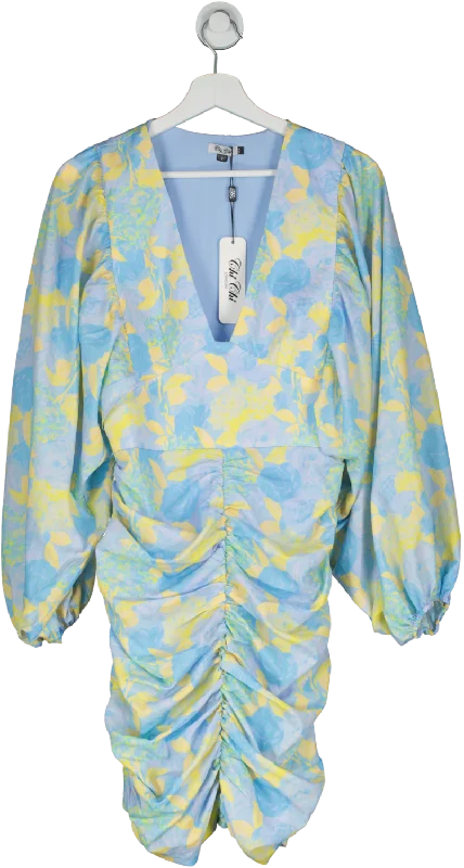 Chi Chi London Blue Ruched Long Sleeve Floral Print Mini Dress UK 12 Casual Button-Up Mini Dress