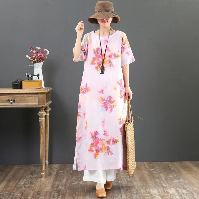 Chic o neck pockets linen clothes For Women Wardrobes pink print Maxi Dresses Summer Classic Black Maxi Dress