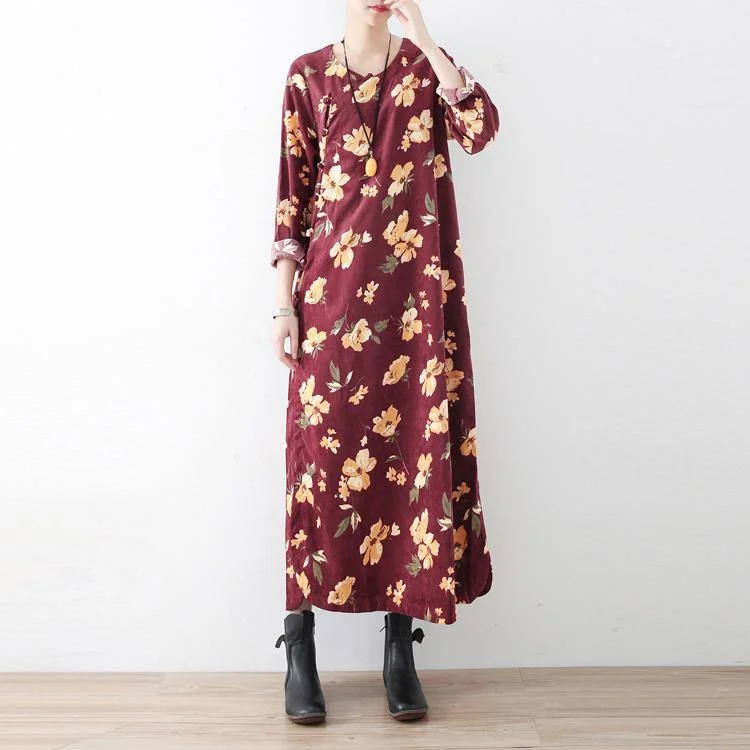Classy cotton clothes For Women Korea O neck Chinese Button Neckline burgundy print Maxi Dresses Comfortable Fitted Maxi Dress Classy cotton clothes For Women Korea O neck Chinese Button Neckline burgundy print Maxi Dresses Comfortable Fitted Maxi Dress