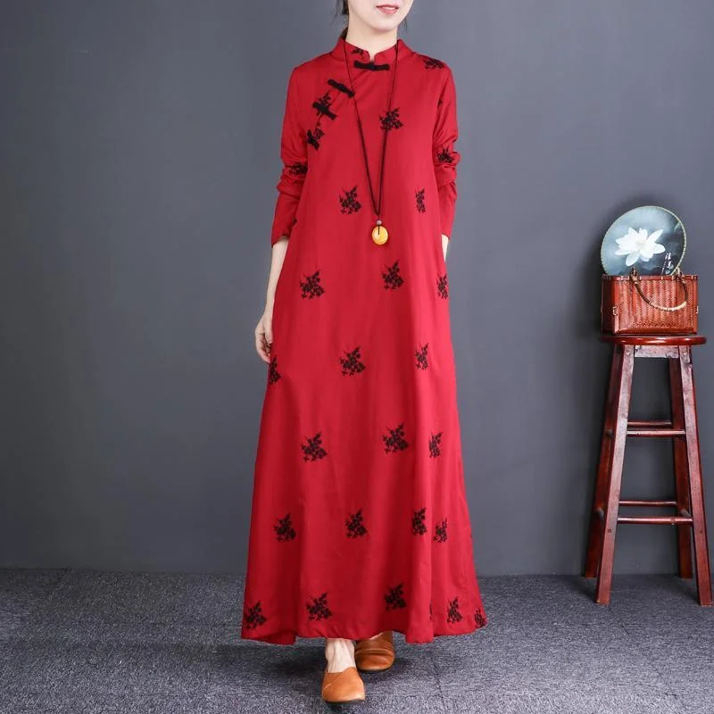 Classy red print cotton clothes Fitted Runway stand collar Chinese Button Maxi Dress Trendy Maxi Dress with Bow Classy red print cotton clothes Fitted Runway stand collar Chinese Button Maxi Dress Trendy Maxi Dress with Bow