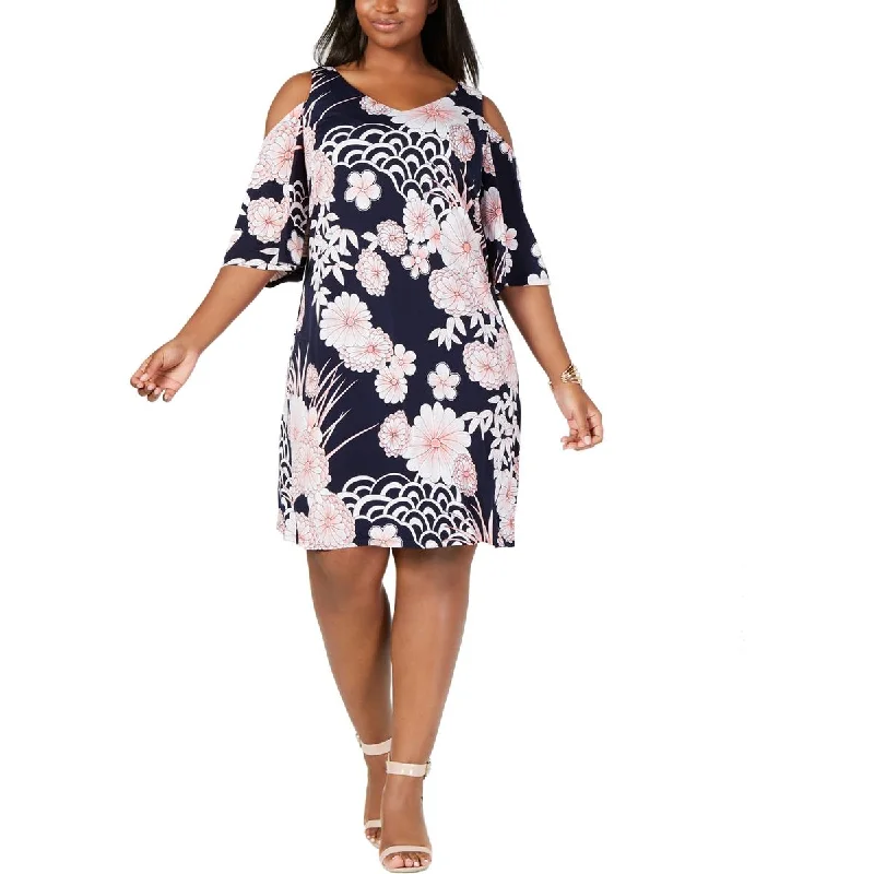 Connected Apparel Womens Plus Floral Cold Shoulder Mini Dress Stylish Summer Mini Dress