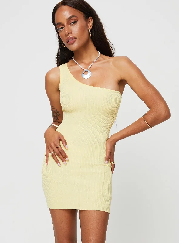 Denham One Shoulder Mini Dress Yellow Stylish Ribbed Mini Dress