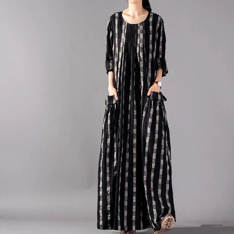 DIY o neck wrinkled linen dresses plus size Shirts black Plaid Maxi Dress spring Fashionable Layered Maxi Dress DIY o neck wrinkled linen dresses plus size Shirts black Plaid Maxi Dress spring Fashionable Layered Maxi Dress