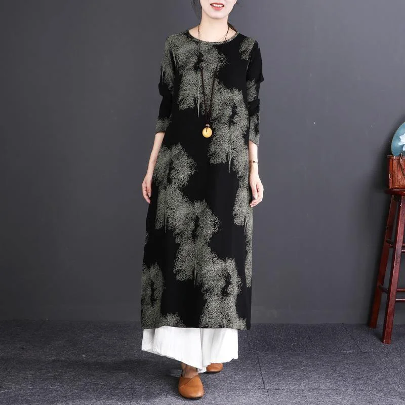 Elegant black print long cotton linen dresses trendy plus size O neck baggy dresses casual long sleeve pockets maxi dresses Fashionable Button-Down Maxi Dress Elegant black print long cotton linen dresses trendy plus size O neck baggy dresses casual long sleeve pockets maxi dresses Fashionable Button-Down Maxi Dress
