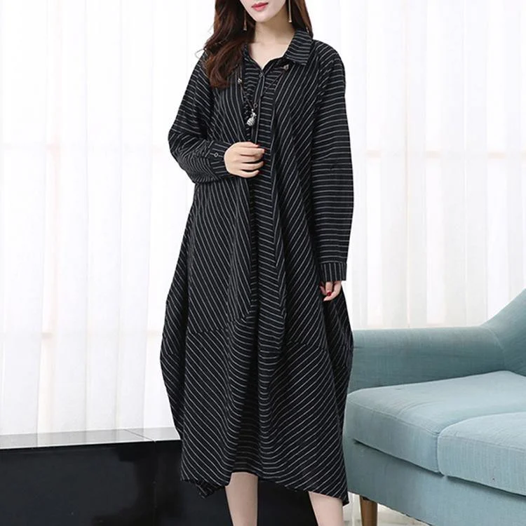 Elegant black striped maxi dress Loose fitting lapel gown casual asymmetric kaftans Fashionable High-Waist Maxi Dress Elegant black striped maxi dress Loose fitting lapel gown casual asymmetric kaftans Fashionable High-Waist Maxi Dress