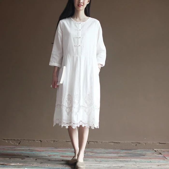 Elegant lace patchwrok white cotton dresses long sleeve maxi dress plus size cotton clothing Cozy Maxi Dress with Slit Elegant lace patchwrok white cotton dresses long sleeve maxi dress plus size cotton clothing Cozy Maxi Dress with Slit