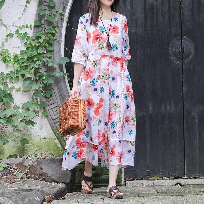 Elegant o neck wrinkled cotton linen clothes Omychic Inspiration white print Maxi Dress Summer Elegant Pleated Maxi Dress Elegant o neck wrinkled cotton linen clothes Omychic Inspiration white print Maxi Dress Summer Elegant Pleated Maxi Dress