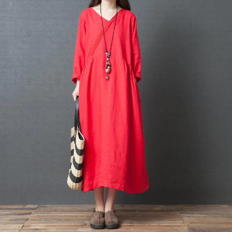 Elegant red linen dresses plus size Work Outfits v neck pockets Maxi Dresses Cozy Open-Back Maxi Dress Elegant red linen dresses plus size Work Outfits v neck pockets Maxi Dresses Cozy Open-Back Maxi Dress