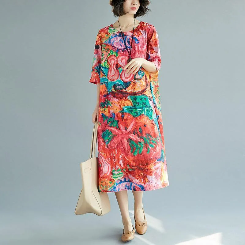 Elegant red prints length cotton dress oversized cotton maxi dress half sleeve o neck linen clothing dress Comfortable Flowy Maxi Dress Elegant red prints length cotton dress oversized cotton maxi dress half sleeve o neck linen clothing dress Comfortable Flowy Maxi Dress