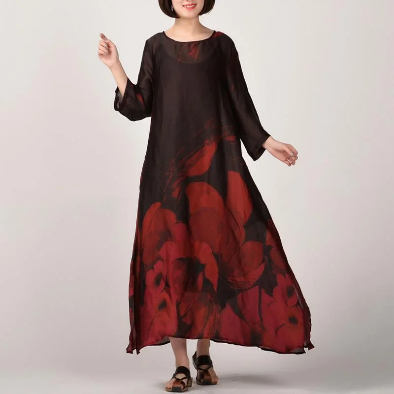 Elegant red prints natural silk dress casual side open traveling clothing vintage o neck maxi dresses Stylish Boho Chic Maxi Dress Elegant red prints natural silk dress casual side open traveling clothing vintage o neck maxi dresses Stylish Boho Chic Maxi Dress