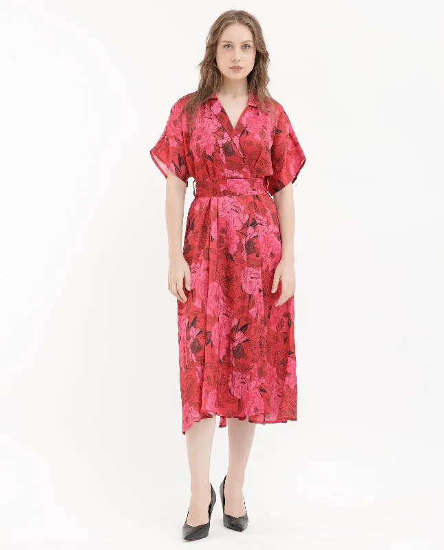Rareism Women Felik Red Polyester Fabric Short Sleeves Button Closure Lapel Neck Extended Sleeve Relaxed Fit Floral Print Midi Dress Cozy Knit Midi Dress Rareism Women Felik Red Polyester Fabric Short Sleeves Button Closure Lapel Neck Extended Sleeve Relaxed Fit Floral Print Midi Dress Cozy Knit Midi Dress