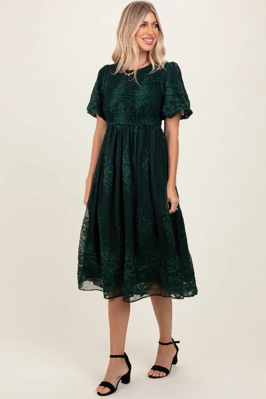 Forest Green Floral Lace Smocked Midi Dress Fashionable Off-Shoulder Dress Midi