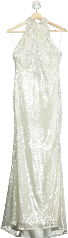 Karen Millen White Sequin Rosette Halter Woven Maxi Dress UK 6 Elegant Maxi Dress with Drapes Karen Millen White Sequin Rosette Halter Woven Maxi Dress UK 6 Elegant Maxi Dress with Drapes