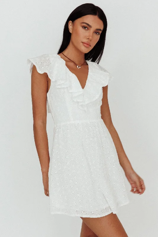 Kiarah Eyelet Ruffle Mini Dress White Cozy Sweater Mini Dress