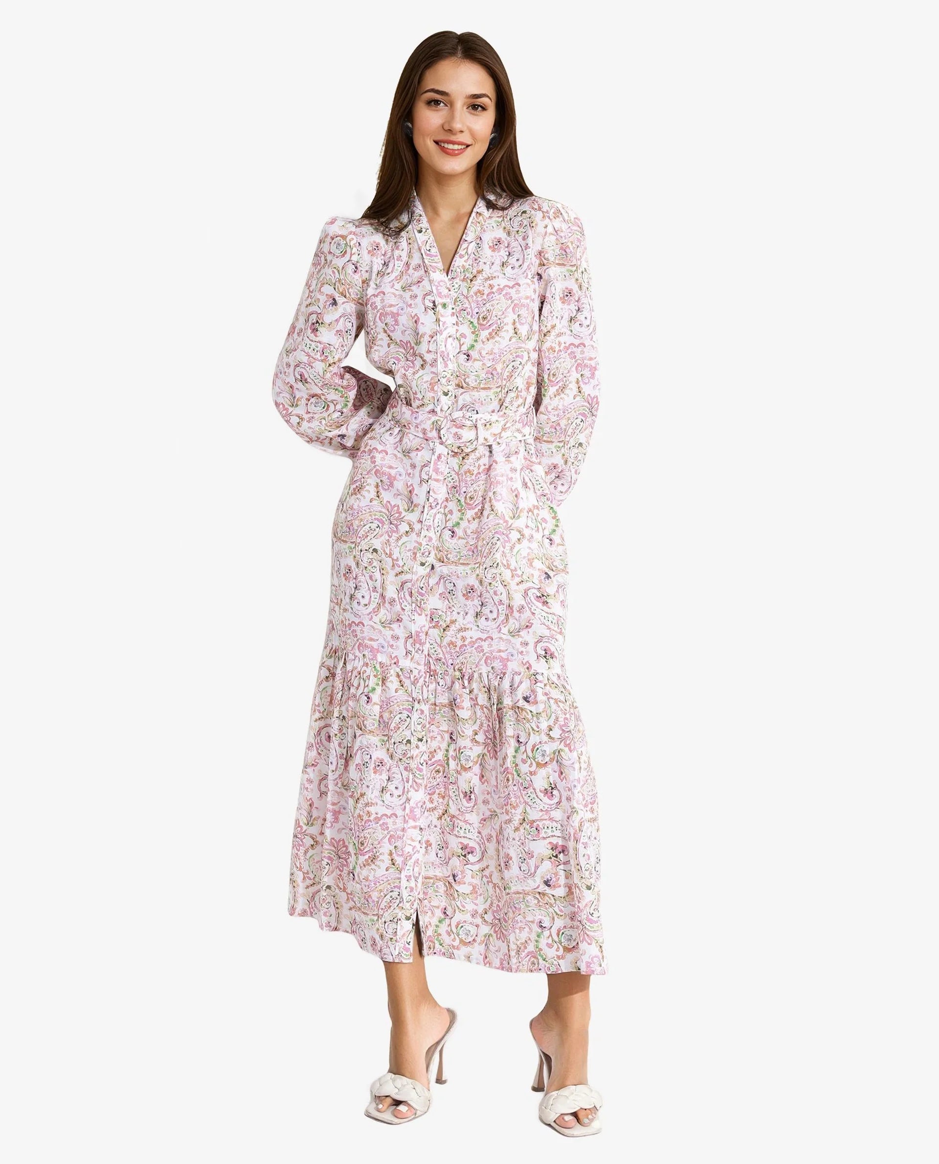 Rareism Women Koa Light Multi Cuffed Sleeve V-Neck A-Line Paisley Midi Dress Trendy Smocked Detail Midi Dress