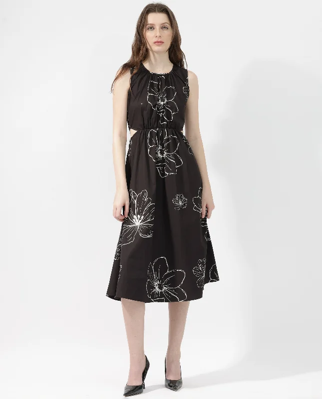Rareism Women Layla Brown Cotton Poly Fabric Zip Closure Scoop Neck Sleeveless Fit And Flare Floral Print Midi Dress Comfortable Fit-and-Flare Midi Dress Rareism Women Layla Brown Cotton Poly Fabric Zip Closure Scoop Neck Sleeveless Fit And Flare Floral Print Midi Dress Comfortable Fit-and-Flare Midi Dress