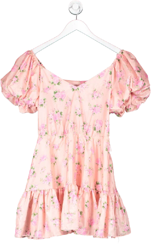 loveshackfancy Pink Satin Puff Sleeve Tiered Mini Dress UK M Trendy Tie-Dye Mini Dress