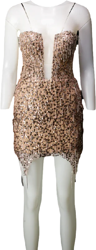 Milla Metallic Radiant Embellished Mini Dress In Gold With A Plunging Neckline UK XS Fashionable Lace Mini Dress