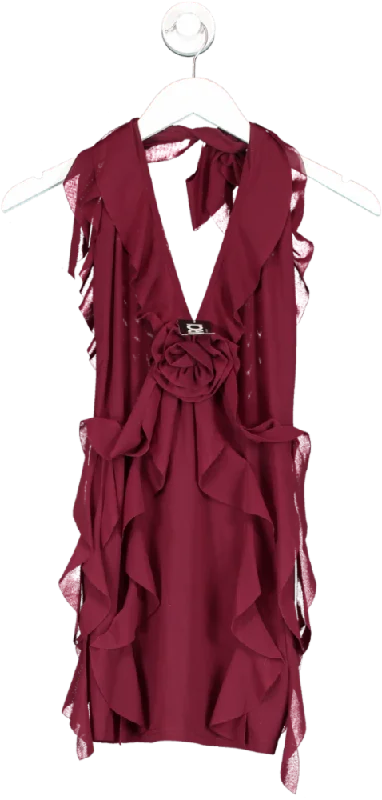 MURCI Red Rose Detail Ruffled Mini Dress Burgundy UK 12 Chic Halter Mini Dress