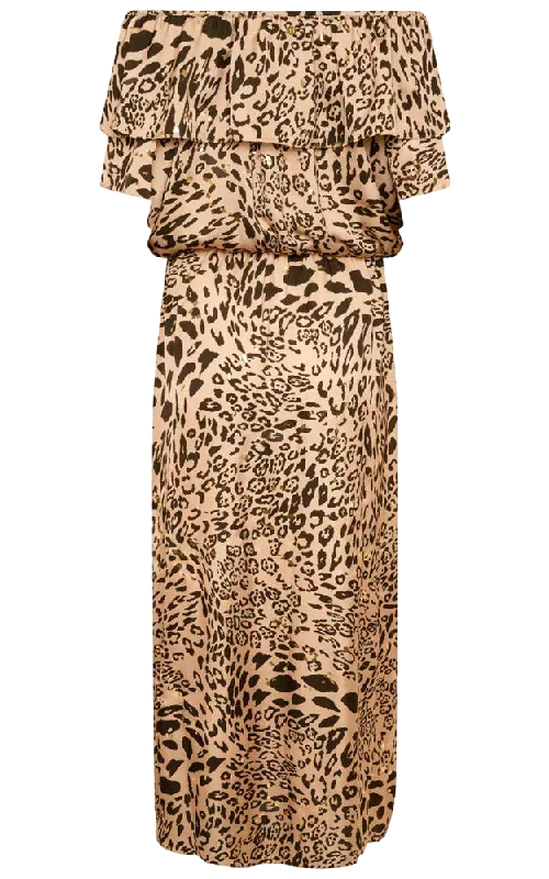 NAIA Leopard Halle Bardot Frill Maxi Dress Golden Leopard UK M Stylish Boho Maxi Dress NAIA Leopard Halle Bardot Frill Maxi Dress Golden Leopard UK M Stylish Boho Maxi Dress