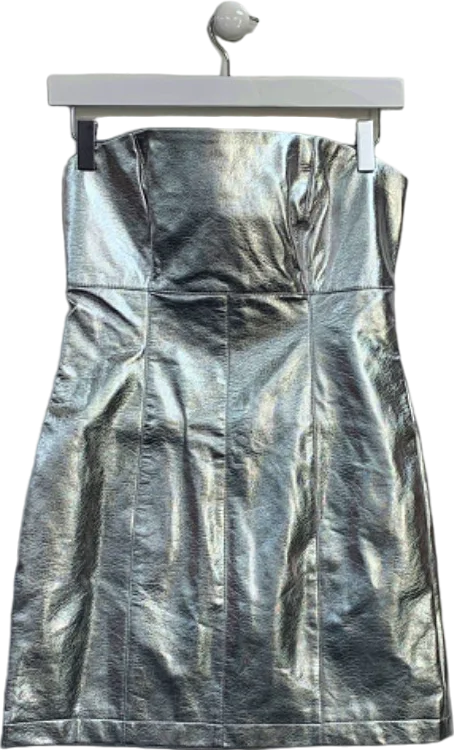 Nasty Gal Silver Metallic Faux Leather Bandeau Mini Dress UK 8 Chic Halter Mini Dress