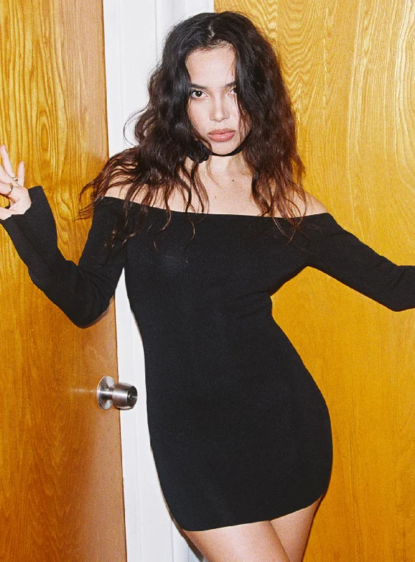 Parisa Long Sleeve Mini Dress Black Petite Chic Pleated Mini Dress