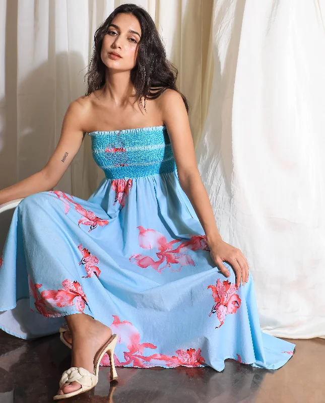 Rareism Women Quinzo Blue Floral Print Off Shoulder With Smoked Bustline Midi Dress Chic Lace Detail Midi Dress Rareism Women Quinzo Blue Floral Print Off Shoulder With Smoked Bustline Midi Dress Chic Lace Detail Midi Dress