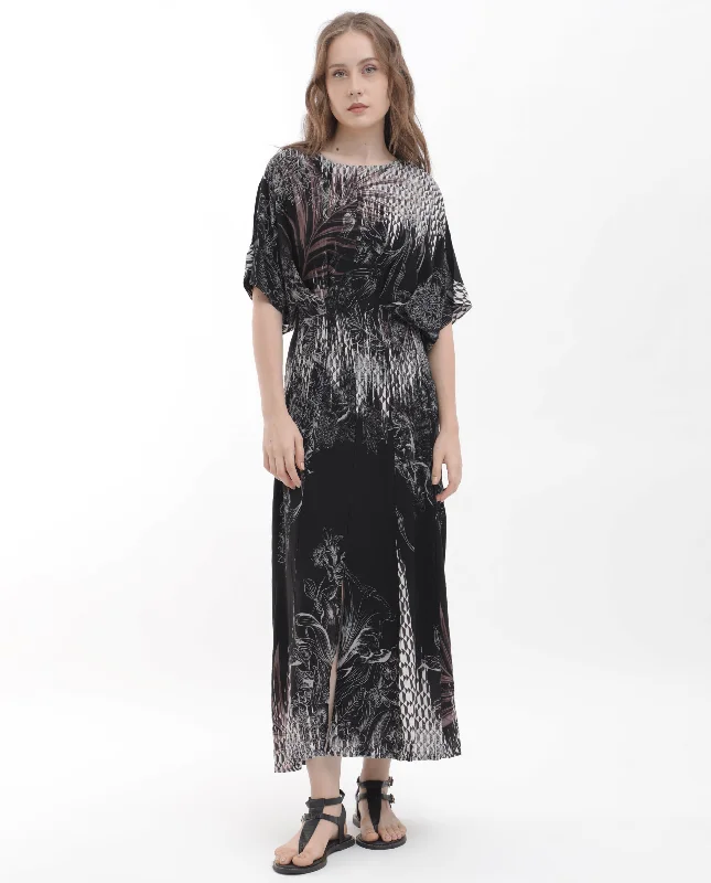 Rareism Women Rufus Black Polyester Fabric Short Sleeves Round Neck Relaxed Fit Abstract Print Midi Dress Chic Off-Shoulder Midi Dress Rareism Women Rufus Black Polyester Fabric Short Sleeves Round Neck Relaxed Fit Abstract Print Midi Dress Chic Off-Shoulder Midi Dress