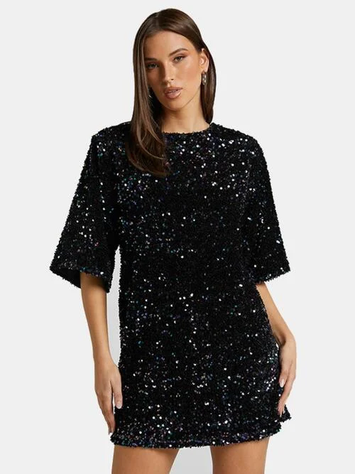 Sequin Tie Back Half Sleeve Mini Dress Stylish Floral Print Mini Dress