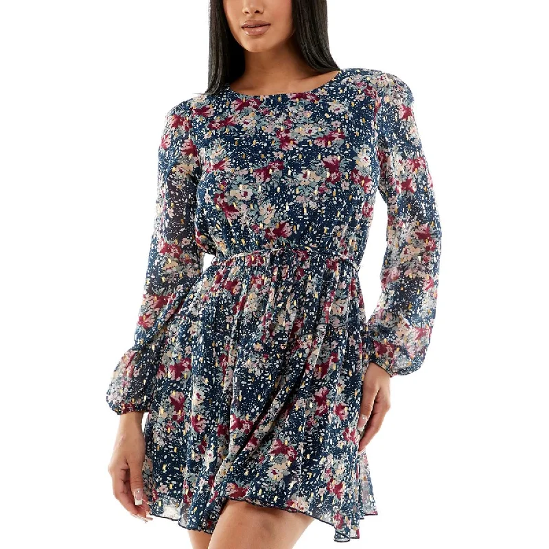 Speechless Womens Juniors Floral Short Mini Dress Comfortable Off-Shoulder Mini Dress