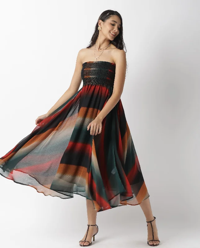 Rareism Women Talcom Multi Abstract Print Off Shoulder Smocking Detail At Chest Flared Midi Dress Fashionable Pleated Midi Dress Rareism Women Talcom Multi Abstract Print Off Shoulder Smocking Detail At Chest Flared Midi Dress Fashionable Pleated Midi Dress