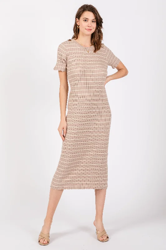 Taupe Striped Rib Knit Midi Dress Trendy Midi Dress with Belt