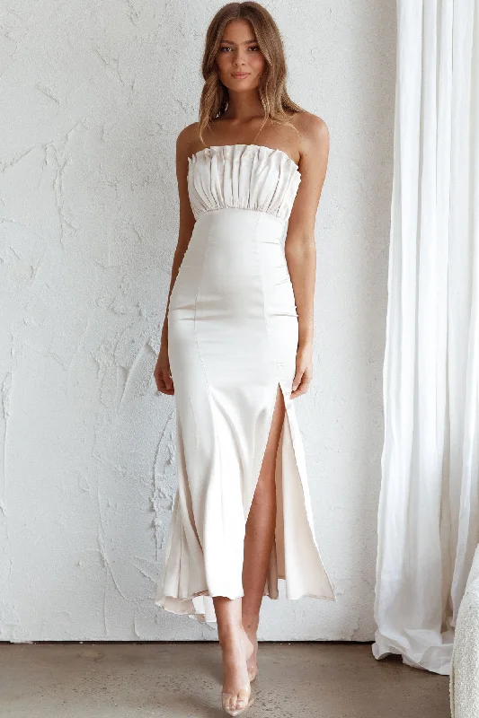 Tivoli Strapless Gathered Bust Midi Dress Champagne Elegant Pleated Detail Midi Dress Tivoli Strapless Gathered Bust Midi Dress Champagne Elegant Pleated Detail Midi Dress