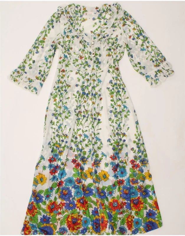 VINTAGE Womens 3/4 Sleeve See Through Maxi Dress UK 12 Medium White Floral Trendy Maxi Dress with Belt VINTAGE Womens 3/4 Sleeve See Through Maxi Dress UK 12 Medium White Floral Trendy Maxi Dress with Belt
