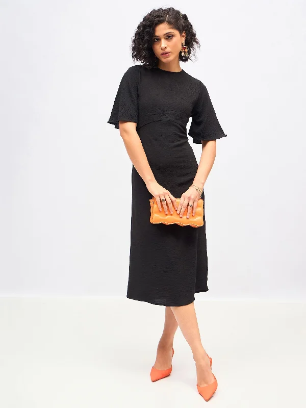 Women Black Knit Back Cut-Out Midi Dress Stylish Button-Down Midi Dress