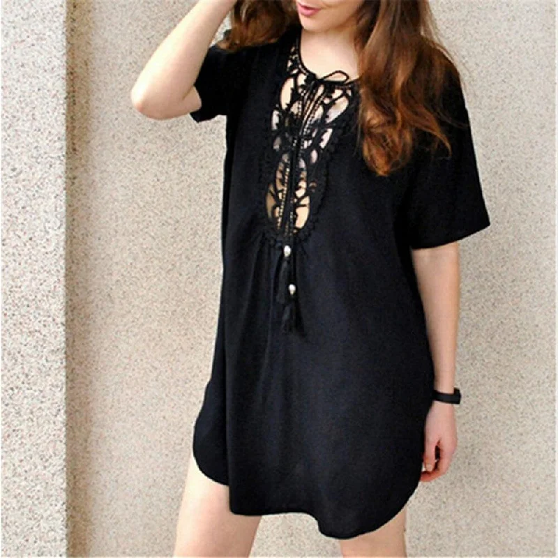 FashionSierra - Women Short Sleeve Loose Mini Dress Ladies Summer Shirt Solid Casual V-Neck Holiday Beach Dress Sundress Stylish Short-Sleeve Mini Dress