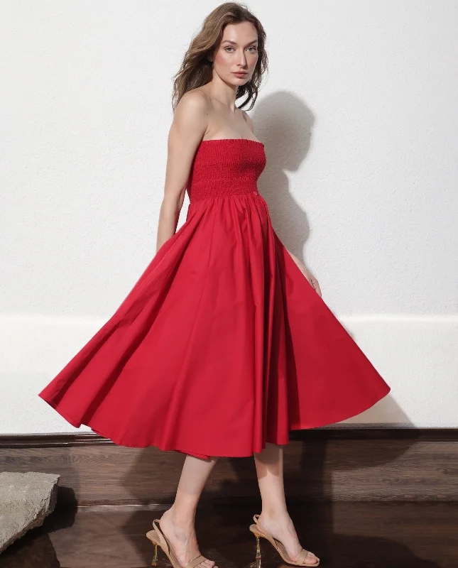 Rareism Women Zozo Red Off Shoulder With Detachable Shoulder Straps And Pockets Smocked Midi Dress Stylish Button-Down Midi Dress Rareism Women Zozo Red Off Shoulder With Detachable Shoulder Straps And Pockets Smocked Midi Dress Stylish Button-Down Midi Dress