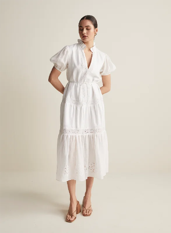 Cecile Linen Midi Dress | Optical White  | Restock Trendy Off-Shoulder Button Midi Dress