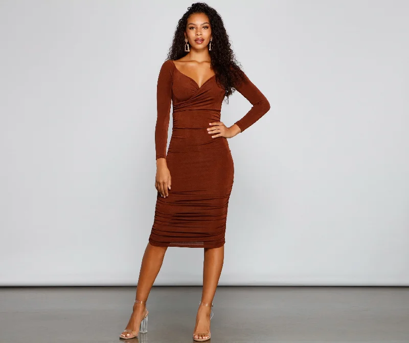 Melissa Long Sleeve Charming Ruched Midi Dress Stylish Cold Shoulder Midi Dress