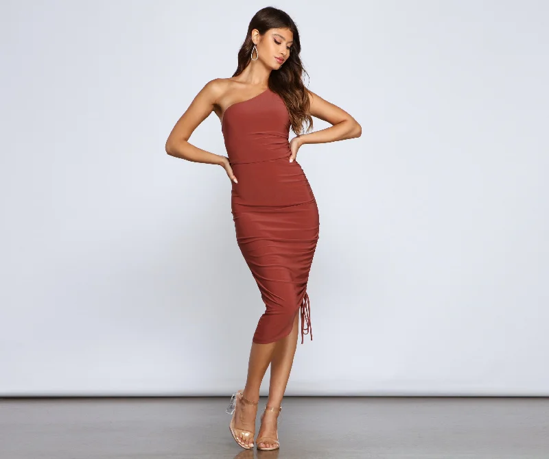 Eve One-Shoulder Stylish Ruched Midi Dress Comfortable Lace-Up Midi Dress