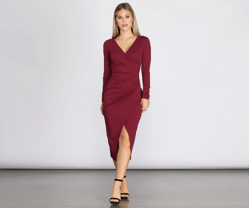 Keily Formal Ruched Charming Crepe Midi Dress Fashionable High-Neck Midi Dress