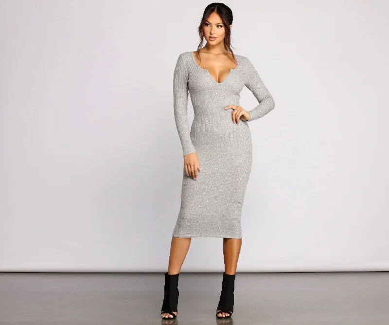 Keepin' Knit Simple Charming Ribbed Midi Dress Fashionable High-Low Midi Dress