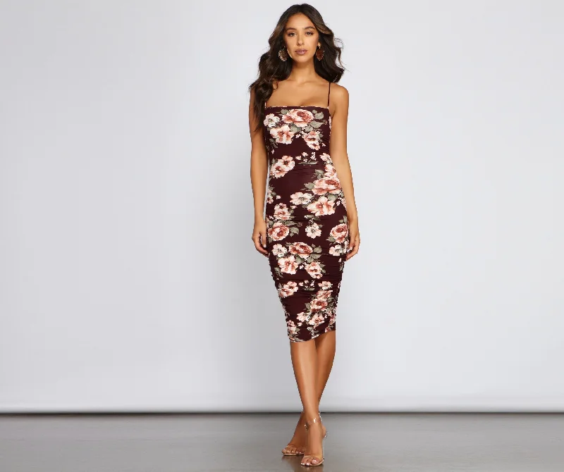 Floral Lover Stylish Ruched Midi Dress Stylish High-Waisted Midi Dress