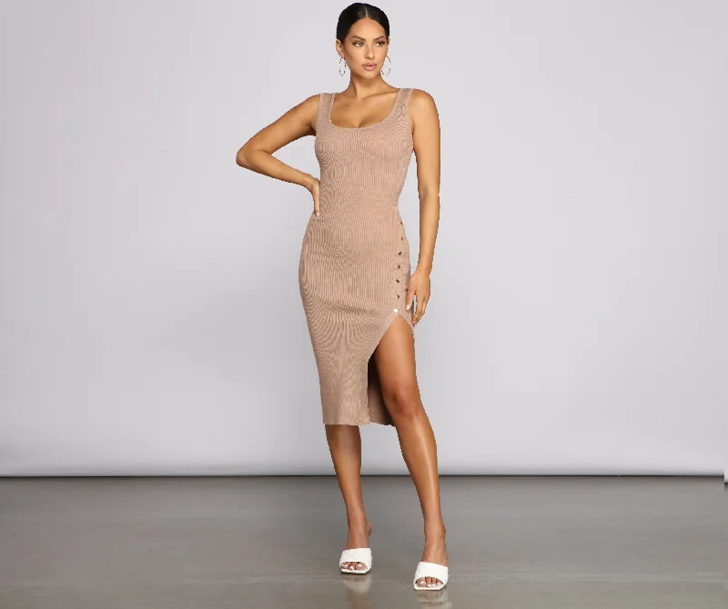 The One Ribbed Charming Knit Midi Dress Cozy Wide Strap Midi Dress