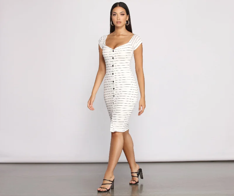 Stripe It Down Ribbed Graceful Button Down Midi Dress Comfortable Short Sleeve Midi Dress