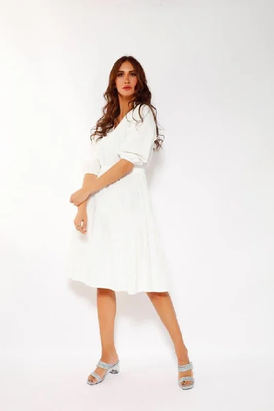 PUFF SLEEVE MIDI DRESS IN WHITE Elegant Sleeveless Midi Dress